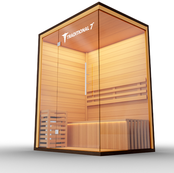 Luxurious Finnish sauna featuring high-quality wood construction and a spacious interior, designed for an authentic steam experience and enhanced relaxation.