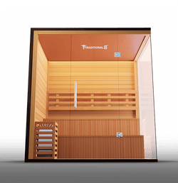 Luxurious Finnish sauna featuring high-quality wood construction and a spacious interior, designed for an authentic steam experience and enhanced relaxation.