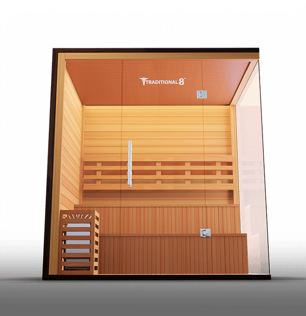 Luxurious Finnish sauna featuring high-quality wood construction and a spacious interior, designed for an authentic steam experience and enhanced relaxation.