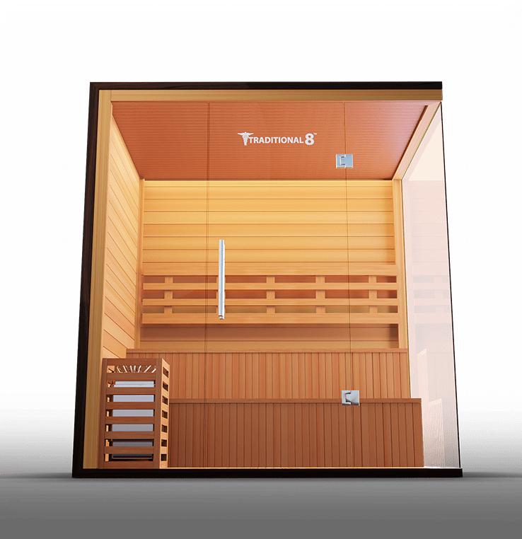 Luxurious Finnish sauna featuring high-quality wood construction and a spacious interior, designed for an authentic steam experience and enhanced relaxation.