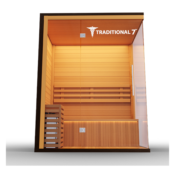 Luxurious Finnish sauna featuring high-quality wood construction and a spacious interior, designed for an authentic steam experience and enhanced relaxation.