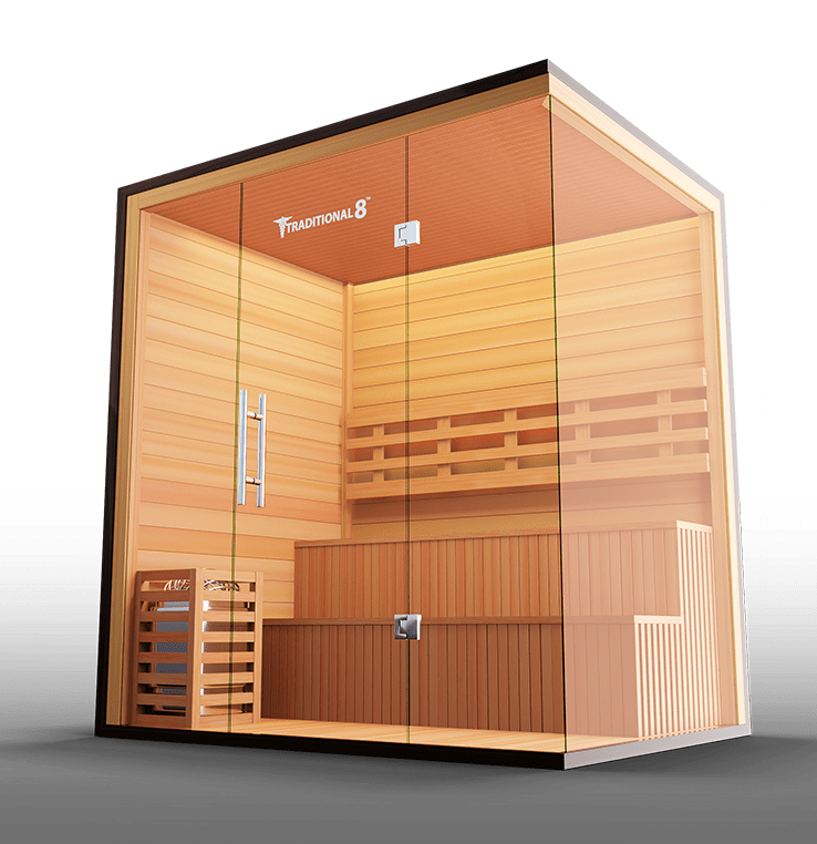 Luxurious Finnish sauna featuring high-quality wood construction and a spacious interior, designed for an authentic steam experience and enhanced relaxation.