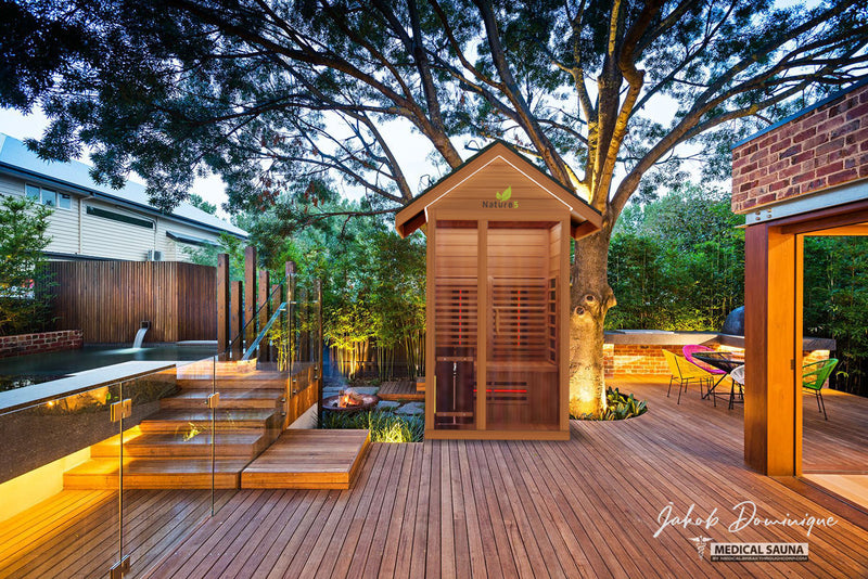  Premium sauna designed with full-spectrum infrared technology, promoting relaxation, detoxification, and overall wellness in a tranquil setting.

