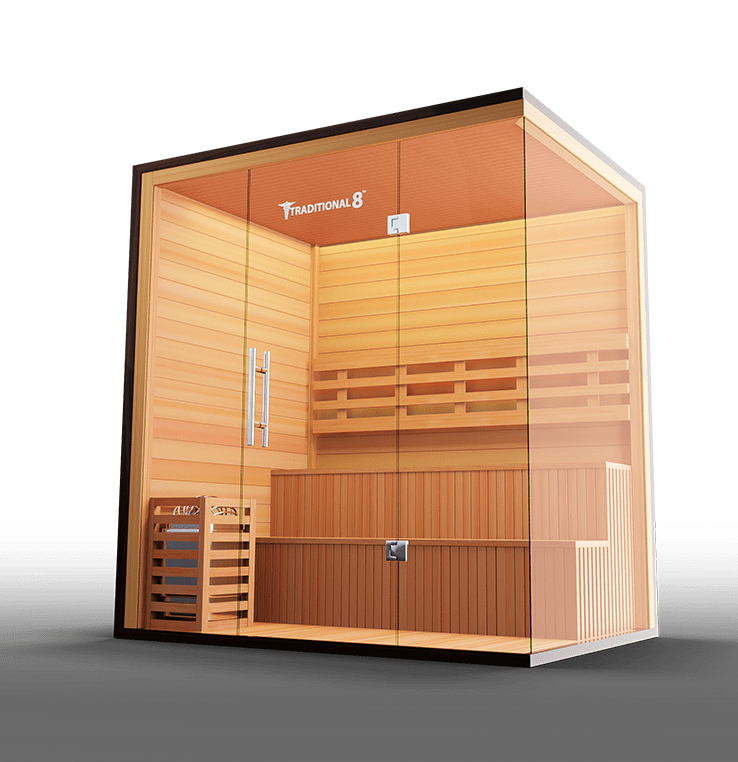 Luxurious Finnish sauna featuring high-quality wood construction and a spacious interior, designed for an authentic steam experience and enhanced relaxation.