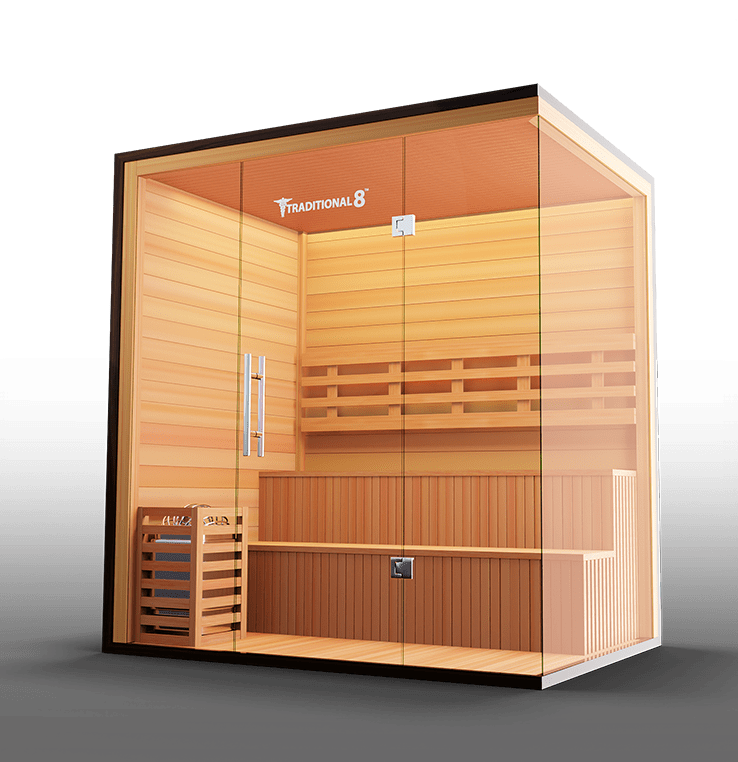 Luxurious Finnish sauna featuring high-quality wood construction and a spacious interior, designed for an authentic steam experience and enhanced relaxation.