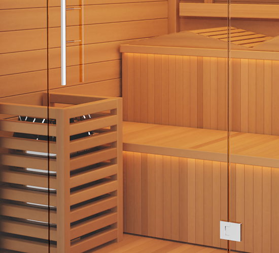 Authentic Finnish sauna designed for relaxation and wellness, featuring natural wood construction and a spacious interior for an immersive sauna experience.

