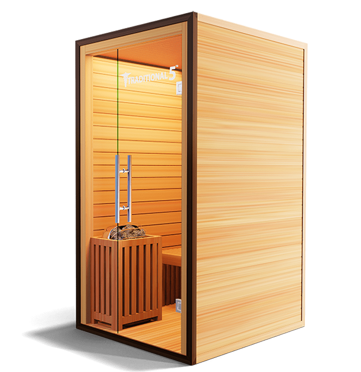 Authentic Finnish sauna designed for relaxation and wellness, featuring natural wood construction and a spacious interior for an immersive sauna experience.

