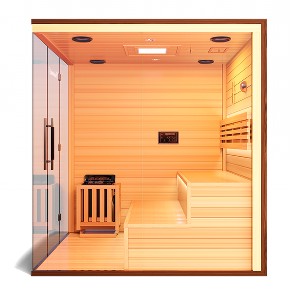  Spacious and luxurious Finnish sauna crafted from top-quality wood, providing an authentic steam experience and enhanced relaxation for ultimate wellness.