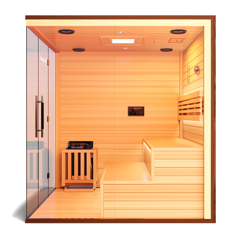  Spacious and luxurious Finnish sauna crafted from top-quality wood, providing an authentic steam experience and enhanced relaxation for ultimate wellness.