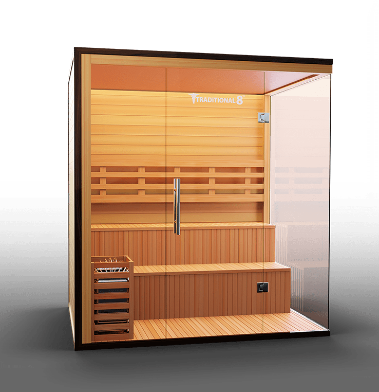 Luxurious Finnish sauna featuring high-quality wood construction and a spacious interior, designed for an authentic steam experience and enhanced relaxation.