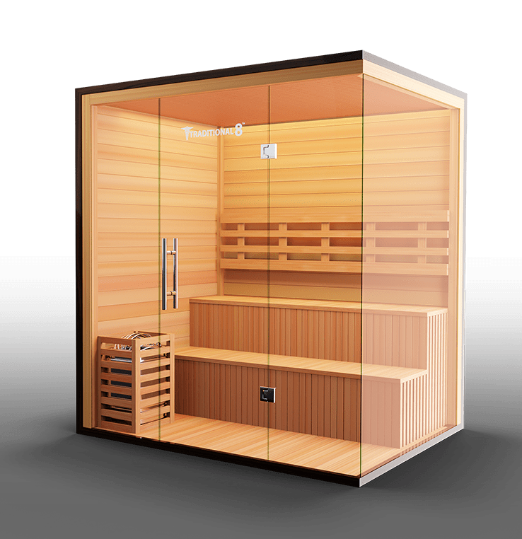 Luxurious Finnish sauna featuring high-quality wood construction and a spacious interior, designed for an authentic steam experience and enhanced relaxation.