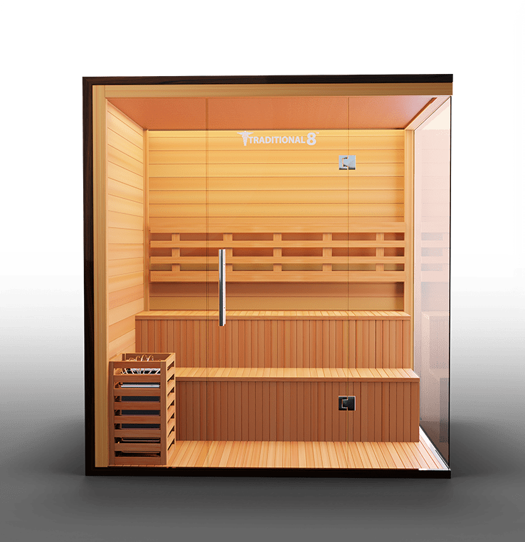 Luxurious Finnish sauna featuring high-quality wood construction and a spacious interior, designed for an authentic steam experience and enhanced relaxation.