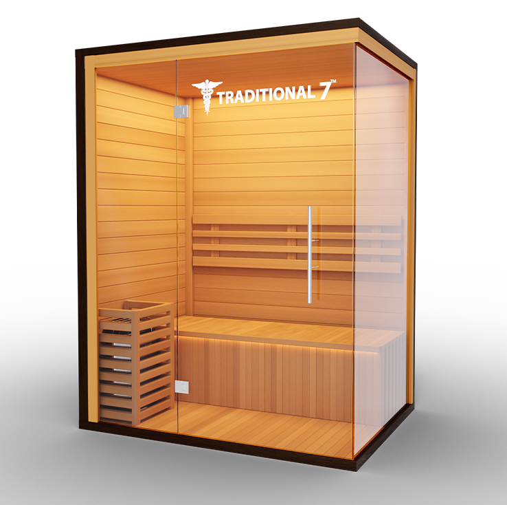 Luxurious Finnish sauna featuring high-quality wood construction and a spacious interior, designed for an authentic steam experience and enhanced relaxation.