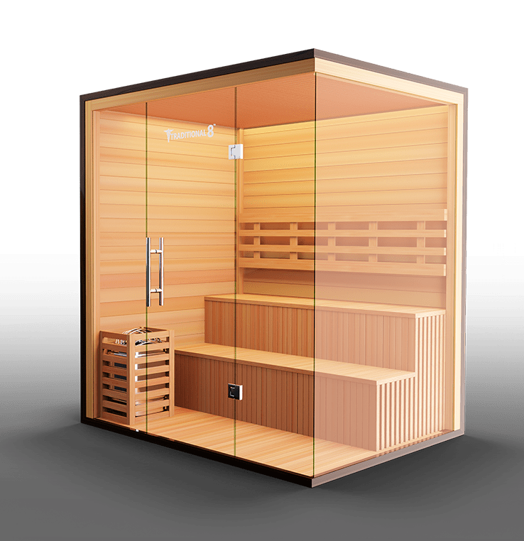 Luxurious Finnish sauna featuring high-quality wood construction and a spacious interior, designed for an authentic steam experience and enhanced relaxation.