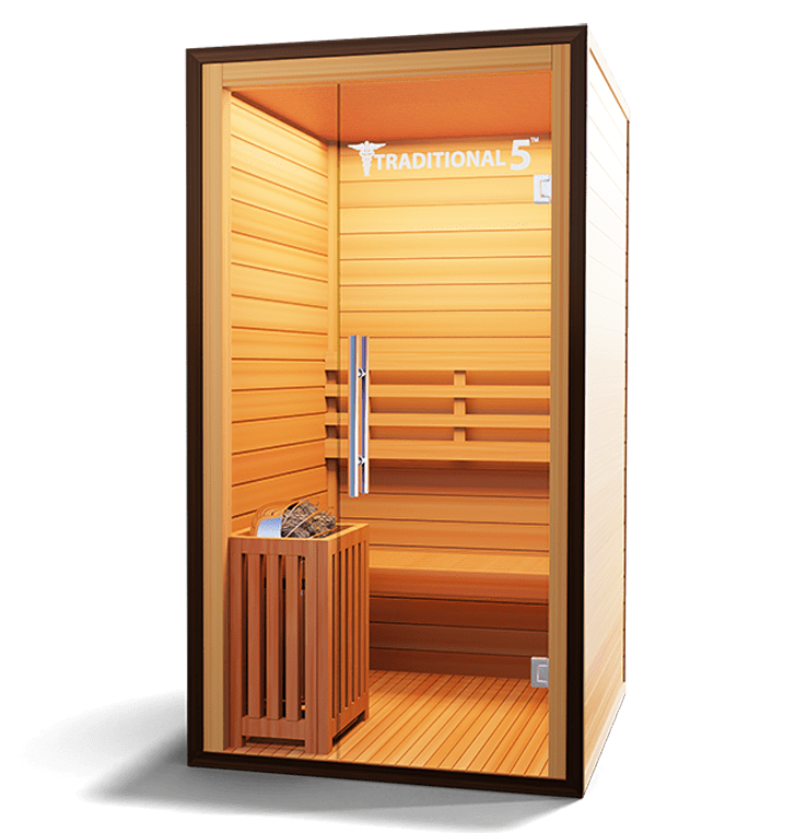 Authentic Finnish sauna designed for relaxation and wellness, featuring natural wood construction and a spacious interior for an immersive sauna experience.

