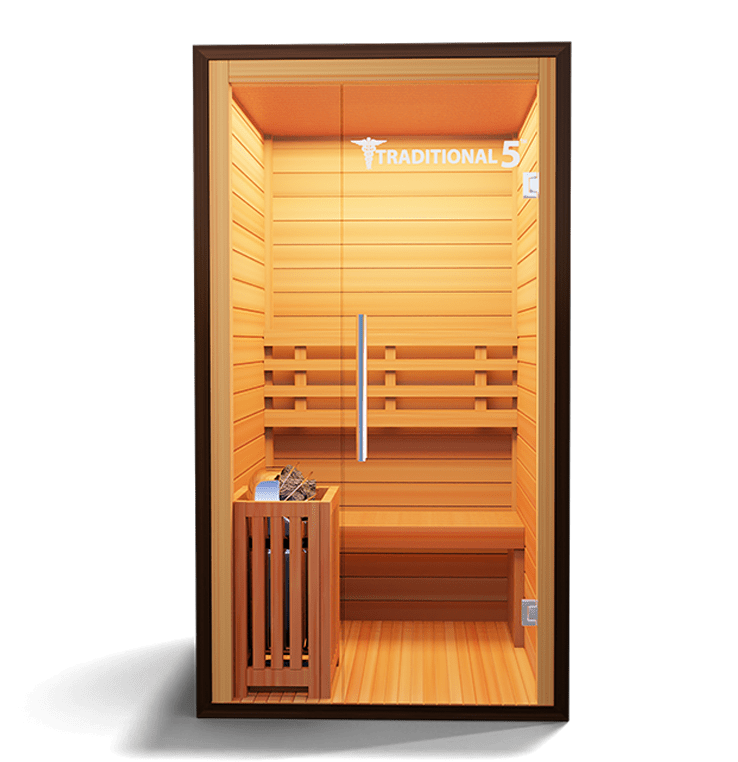 Authentic Finnish sauna designed for relaxation and wellness, featuring natural wood construction and a spacious interior for an immersive sauna experience.

