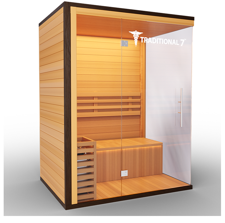 Luxurious Finnish sauna featuring high-quality wood construction and a spacious interior, designed for an authentic steam experience and enhanced relaxation.