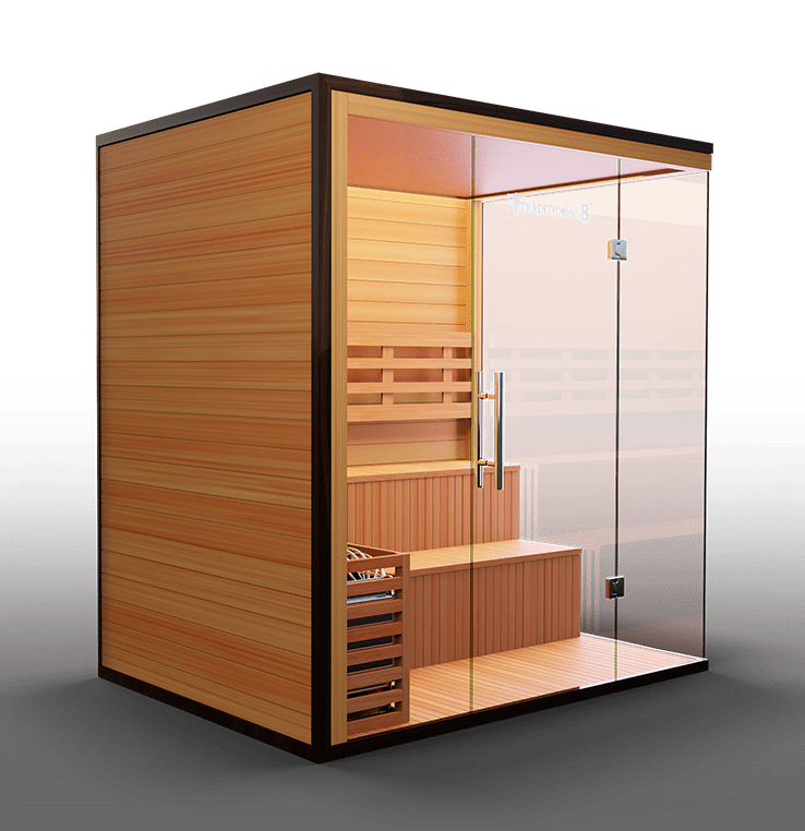 Luxurious Finnish sauna featuring high-quality wood construction and a spacious interior, designed for an authentic steam experience and enhanced relaxation.