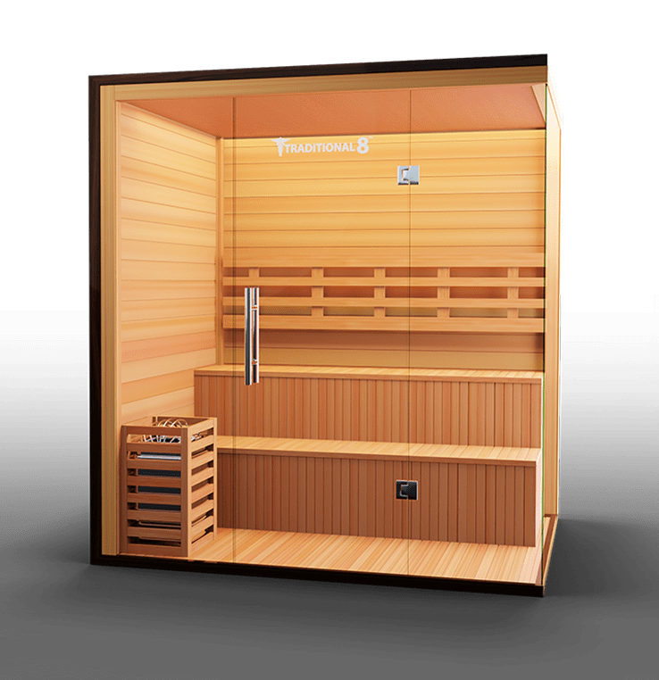 Luxurious Finnish sauna featuring high-quality wood construction and a spacious interior, designed for an authentic steam experience and enhanced relaxation.