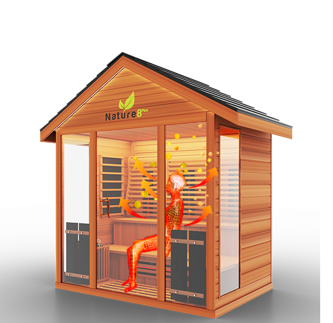 Versatile sauna combining traditional and infrared heating technologies, designed for optimal relaxation, detoxification, and wellness in a stylish, compact design.

